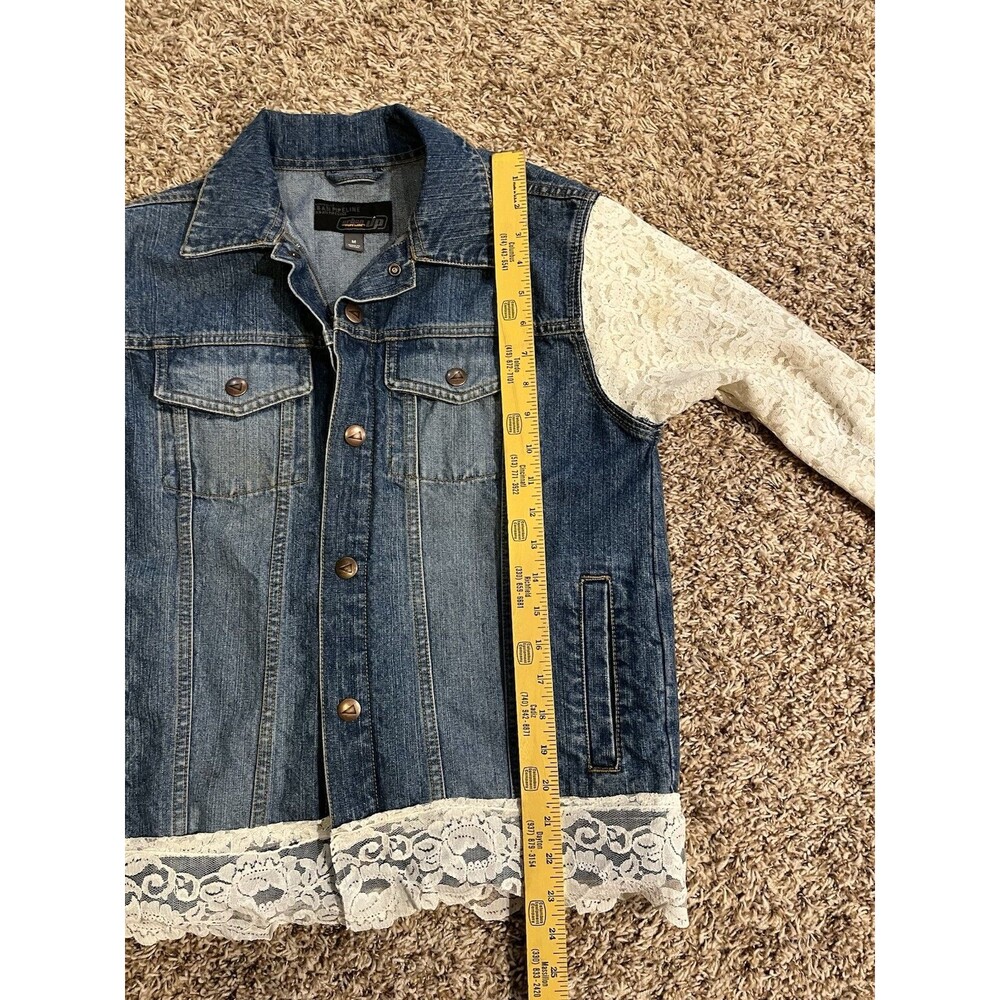 Upcycled Denim Jacket Lace Sleeves Handmade Boho Boutique Womens M - Picture 6 of 8